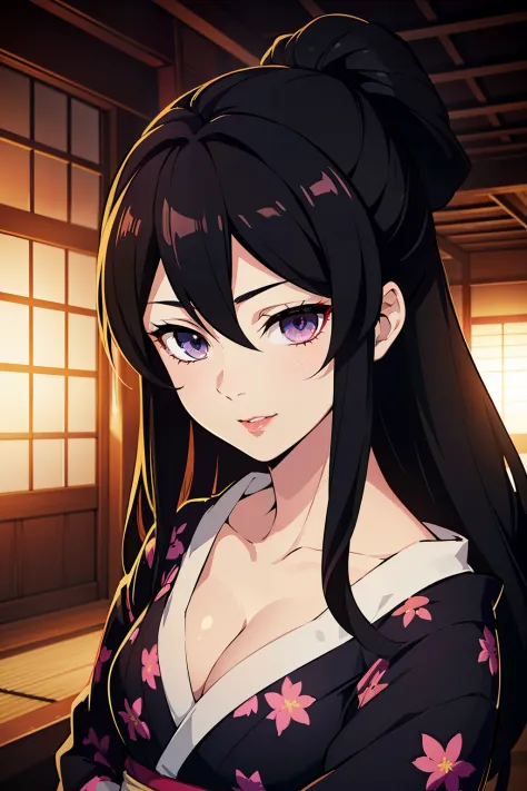 (high-quality, breathtaking),(expressive eyes, perfect face) ((yukata, cleavage, sexy lips)), 1girl, female, solo, young adult, black hair , black coloured eyes, stylised hair, gentle smile, medium length hair, loose hair, hair between eyes, japanese cloth...