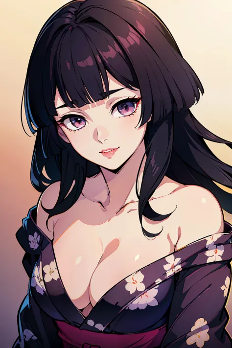 (high-quality, breathtaking),(expressive eyes, perfect face) (((off shoulder yukata, cleavage, sexy lips)), 1girl, female, solo, young adult, black hair , black coloured eyes, stylised hair, gentle smile, medium length hair, loose hair, side bangs, japanes...
