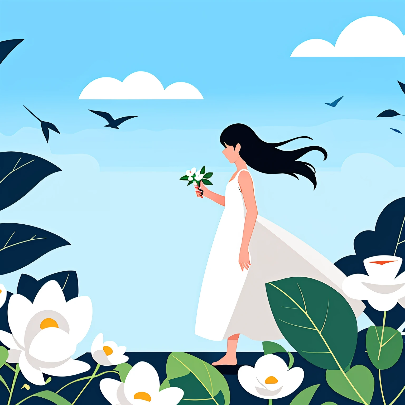 Minimalism,shadow flat vector art,masterpiece,best quality,art by Rami Niemi,1girl, 1boy, plant, long hair, bird, dress, wide shot, white dress, cloud, flower, black hair, leaf, profile, sky, outdoors, white flower