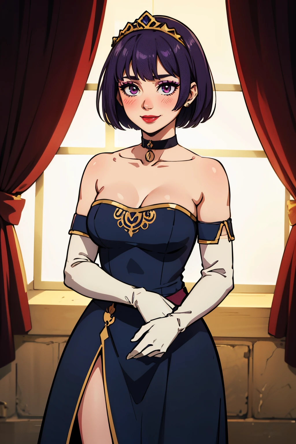 warBernie, purple hair, hair bow ,tiara, blue dress, long dress, strapless dress, long white elbow gloves, smile, blush, light red lipstick, dark purple eye shadow, makeup, black choker, cowboy shot