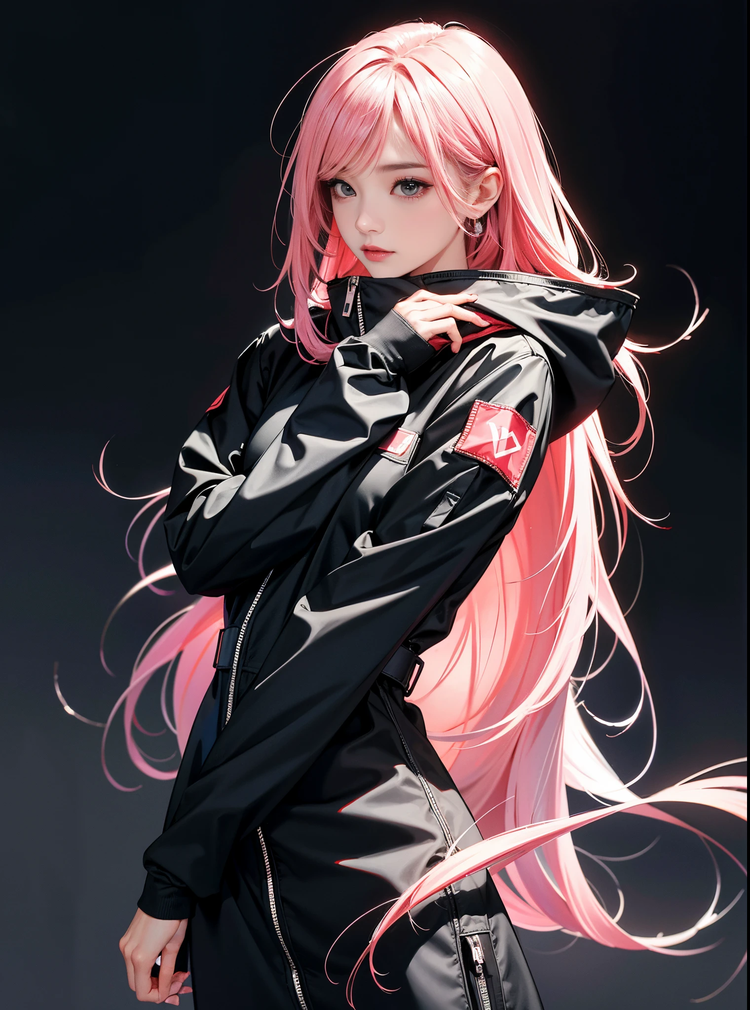 one-girl ，The upper part of the body，frontage，黑The eye,Pink Long Hair，black black jacket，extra long zipped hooded jacket，Bare legged，frontage，dynamicposes，white backgrounid (tmasterpiece, Best quality at best:1.4),(force:1.4)(actual, Photo-pressing:1.4),8k ultra high definition,超高分辨率,raw,HighDynamicRange