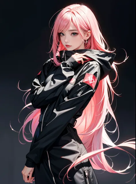 one-girl ，The upper part of the body，frontage，黑The eye,Pink Long Hair，black black jacket，extra long zipped hooded jacket，Bare le...