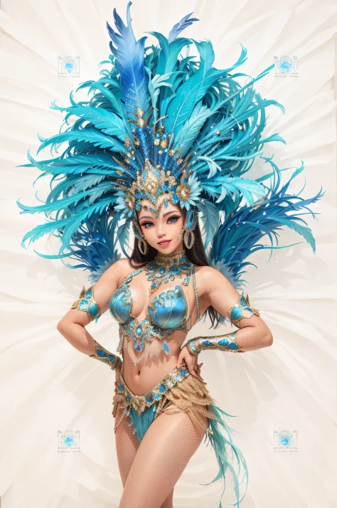 A woman who   ，Wearing blue feather samba costume，dressed in，High quality face shape，Rio carnival style，normal facial details，Normal fingers，The costumes are rich in detail，high high quality