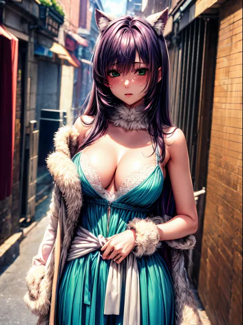 (top-quality、tmasterpiece、high resolution、super high image quality), 1girl, 8K, Rei Himiyama, Amakano, dark purple hair, long hair, straight hair to the waist, perfect figure, 20 years old, F Cup, big butt, green eye, (clear eye white part), furry costume，...
