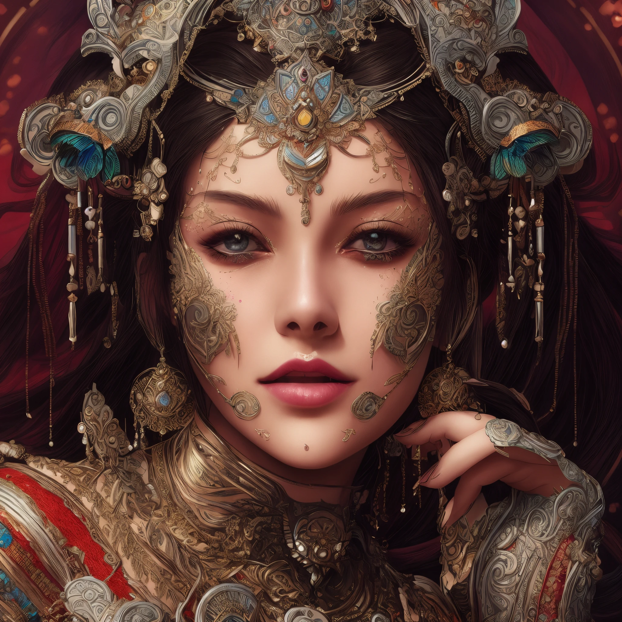 a woman with a colorful headpiece and jewelry on her face, 4k highly detailed digital art, 4k detailed digital art, great digital art with details, elaborate digital art, intricate wlop, colorfull digital fantasy art, detailed fantasy digital art, hyperdetailed fantasy character, 8k high quality detailed art, beautiful art uhd 4 k, ultra-detailed digital art