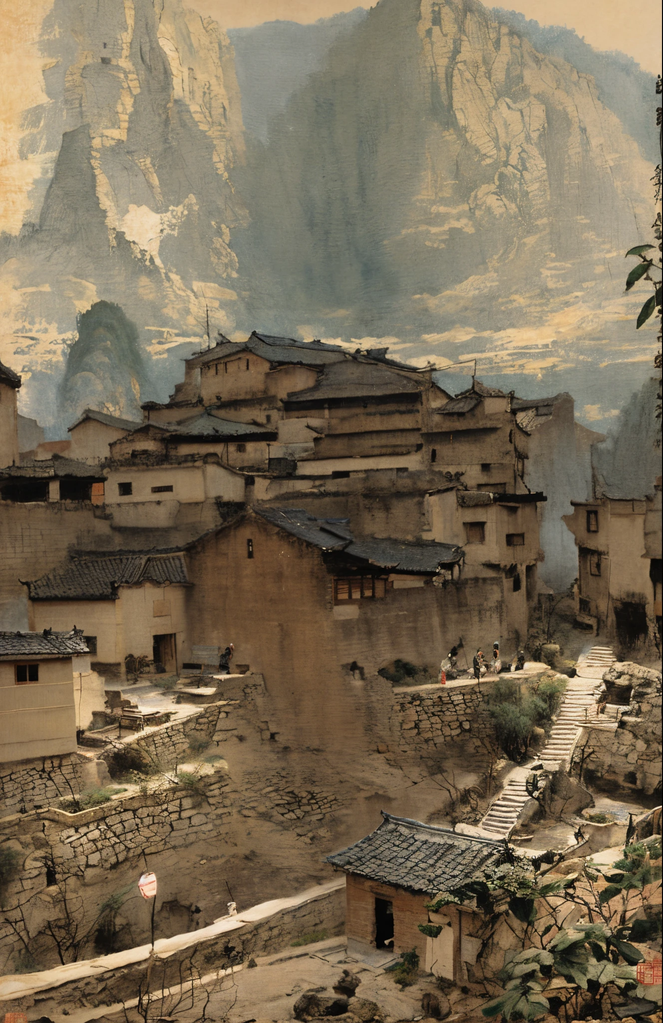 Small village overlooking the creek, The style  influenced by ancient Chinese art, light black light ocher, chinese paintings, Ink painting and watercolor, Bashan people, Xu Wei, , organic architecture, Hiking, unpretentious nature