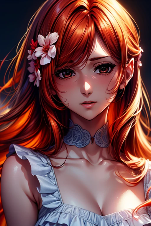 (Best quality,8K,A high resolution,tmasterpiece:1.2),Digital artwork,A woman in her twenties，with beautiful red hair,gentle expressions,'s, inoueorihime，A small flower hairpin