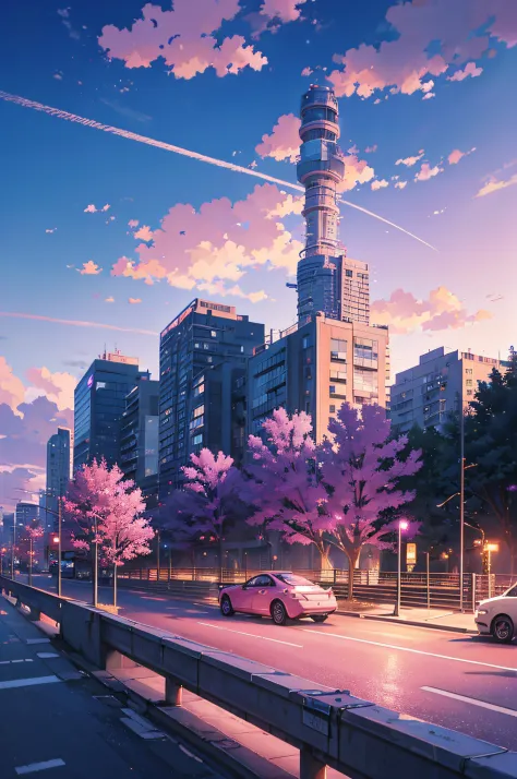 Anime scene with cars passing under pink and purple sky, anime drawing by Makoto Shinkai, trending on pixiv, magic realism, beautiful anime scene, cosmic sky. by makoto shinkai, ( ( makoto shinkai ) ), by makoto shinkai, anime background art, makoto shinka...