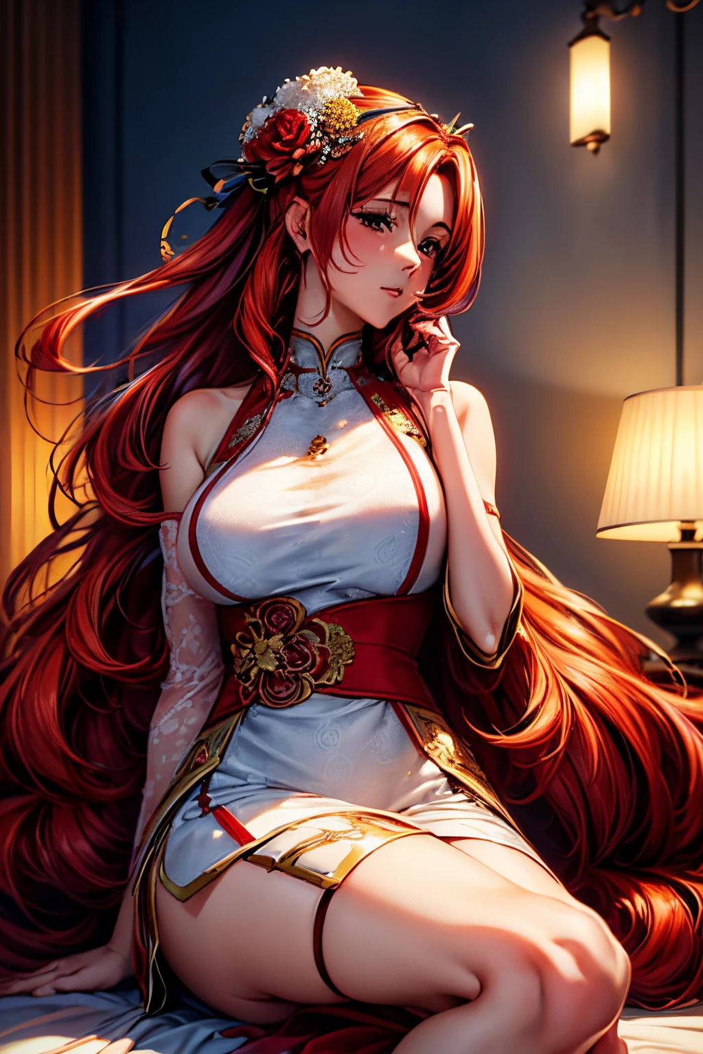 (Best quality,8K,A high resolution,tmasterpiece:1.2),Digital artwork,A woman in her twenties，with beautiful red hair，With a gentle expression, Wearing a flower hairpin on his head, Depicted from head to toe，Bigchest，black reotard