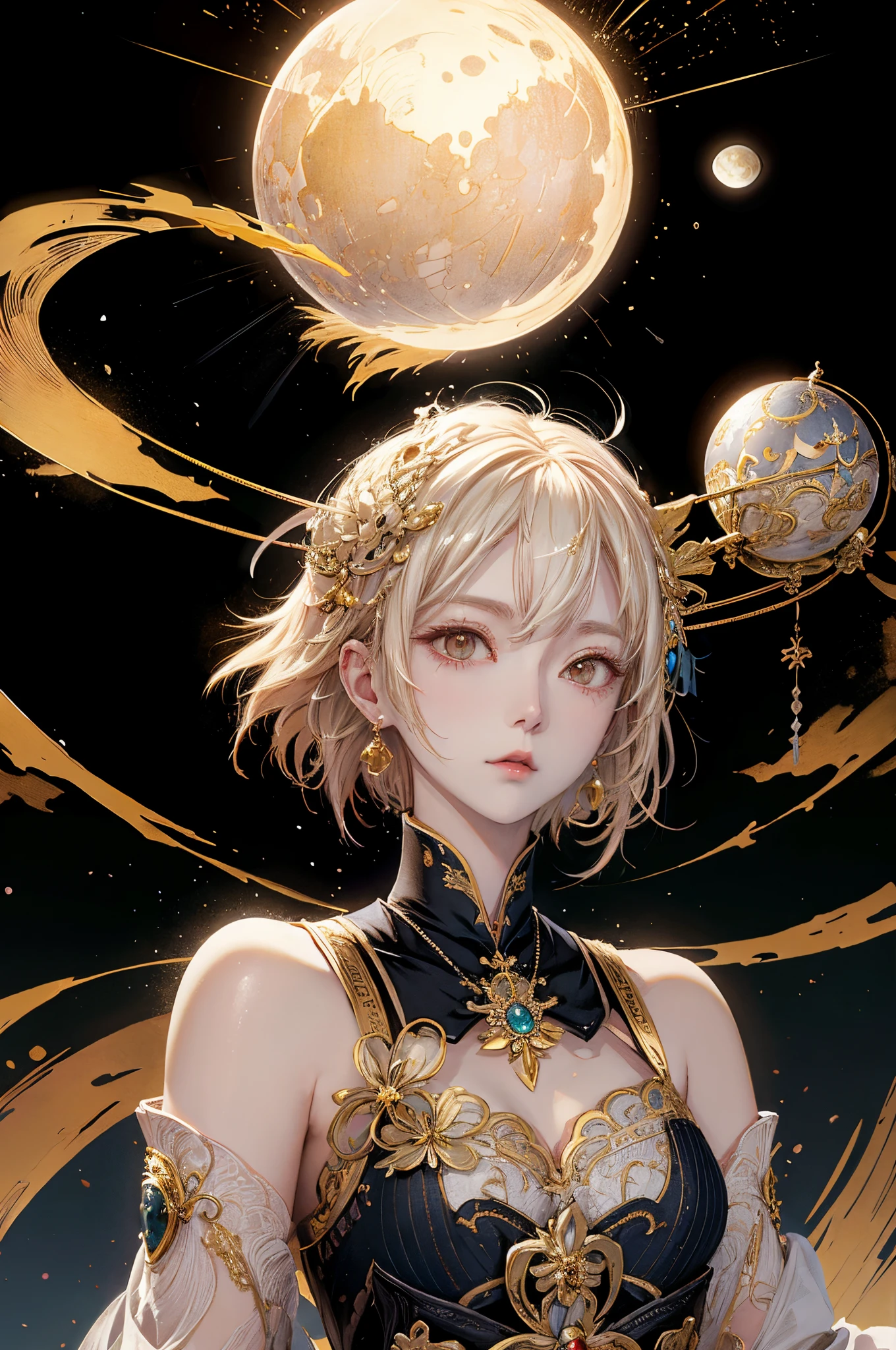 Anime girl with short blond hair and gold jewelry in front of black background, onmyoji detailed art, anime goddess, portrait onmyoji, Onmyoji, white haired god, the goddess artemis smirking, goddess of the moon, intricate gorgeous anime CGI style, Beautiful fantasy empress, Works of the Goddess of Sorrow, goddess of the moon, goddess of the moon, Colossal tits