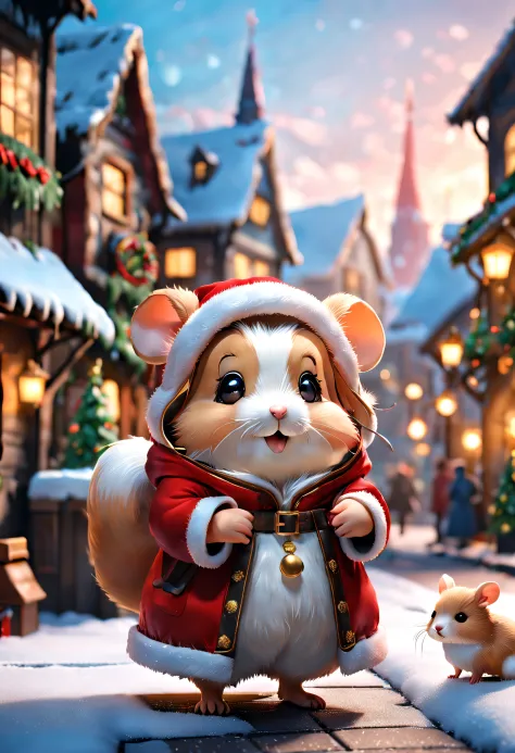 full body Esbian、Cool hamster、Pop hamster、Santa Claus clothes、diorama、symple background、Christmas、Snowy city、​masterpiece, Best Quality, Capture super cute moments, depth of fields, ultra-detailliert, Ultra High Resolution, Octadale, 8K, 16 K