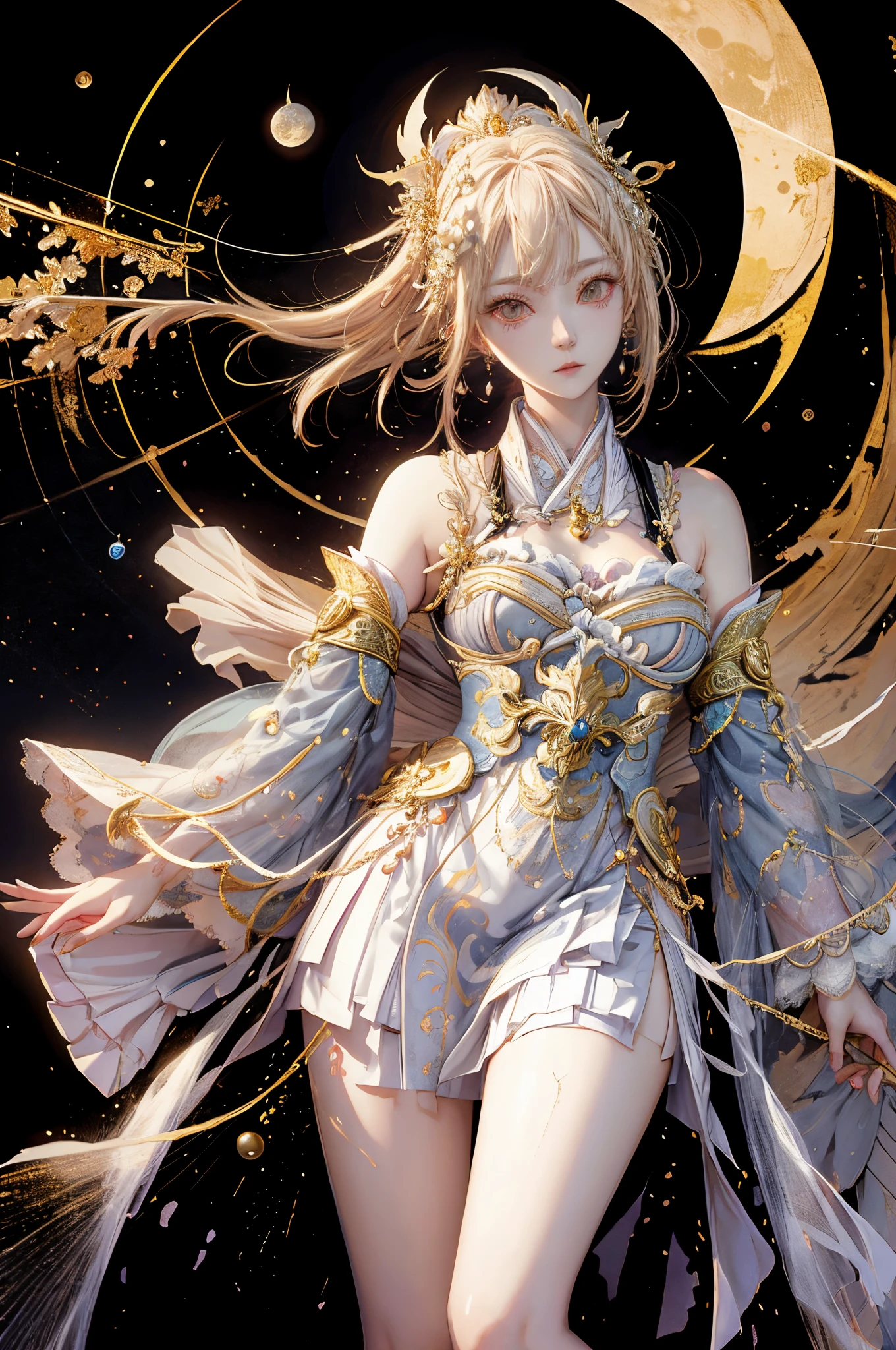 Anime girl with short blond hair and gold jewelry in front of black background, onmyoji detailed art, anime goddess, portrait onmyoji, Onmyoji, white haired god, the goddess artemis smirking, goddess of the moon, intricate gorgeous anime CGI style, Beautiful fantasy empress, Works of the Goddess of Sorrow, goddess of the moon, goddess of the moon, Colossal tits