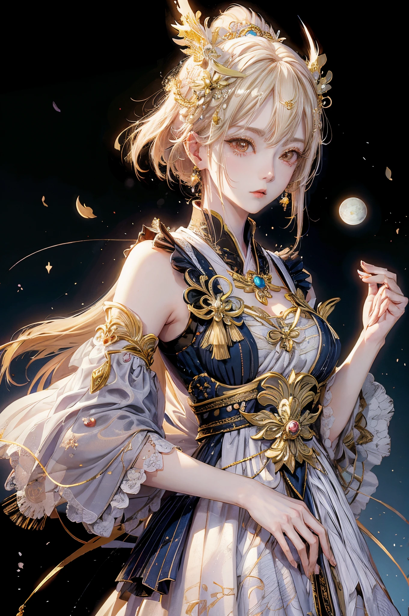 Chica anime con pelo rubio corto y joyas de oro delante de un fondo negro, arte detallado de onmyoji, diosa del anime, retrato onmyoji, onmyoji, dios de pelo blanco, la diosa artemisa sonriendo, diosa de la luna, intrincado y magnífico estilo anime CGI, hermosa emperatriz de fantasía, Obras de la Diosa del Dolor, diosa de la luna, diosa de la luna, (tetas colosales)