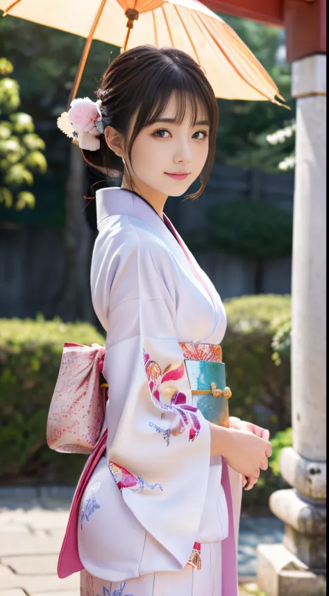 White kimono、(Miko costume:1.2)、tabi、(top grade)、1人の女性、sixteen years old、full body Esbian、A dark-haired、Bunching your hair back、...