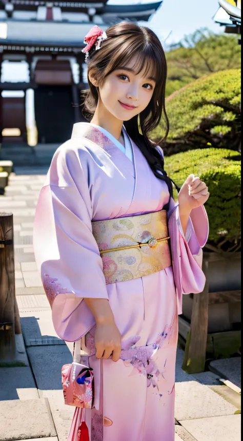 White kimono、pink Japanese pattern、(Furisode:1.5)、tabi、(top grade)、1人の女性、sixteen years old、full body Esbian、A dark-haired、Bunchi...
