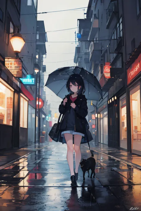 ((Best quality at best)), ((tmasterpiece)), (Detailed pubic hair), s the perfect face，A girl walks in the rain in the evening and comes far away，
The city night slowly appears