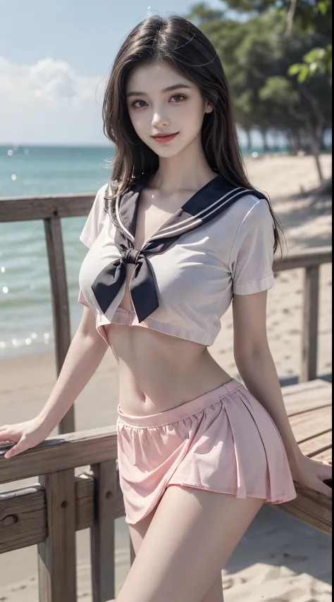 pink bow, shirt,skirt,sailor collar,midriff,fashi-girl, (best quality, masterpiece:1.2), ultra-detailed, (realistic:1.37), beautiful, youthful, glamorous model with (detailed eyes, detailed lips, extremely detailed eyes), with white and floral colors, show...