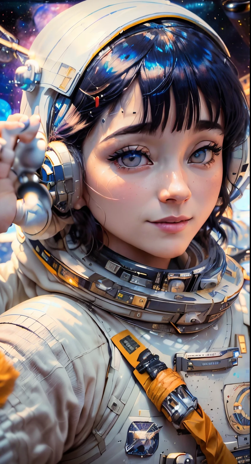 (Conception innovante de combinaisons spatiales)、Créez des images ultra-détaillées et futuristes d’astronautes de beauté,(Combinaison spatiale au design ultra-futuriste) 、(((((Un mince)))))、26 ans、Mésanges colossales、Œil de terre、((((((Photoréaliste)))))、Qualité d’image de haut niveau、Photo brute、8k、((((Poils internes irisés)))、((((((Travail dans l’espace))))))、Une ville spatiale futuriste en arrière-plan、rougissement rouge、timide、sourire