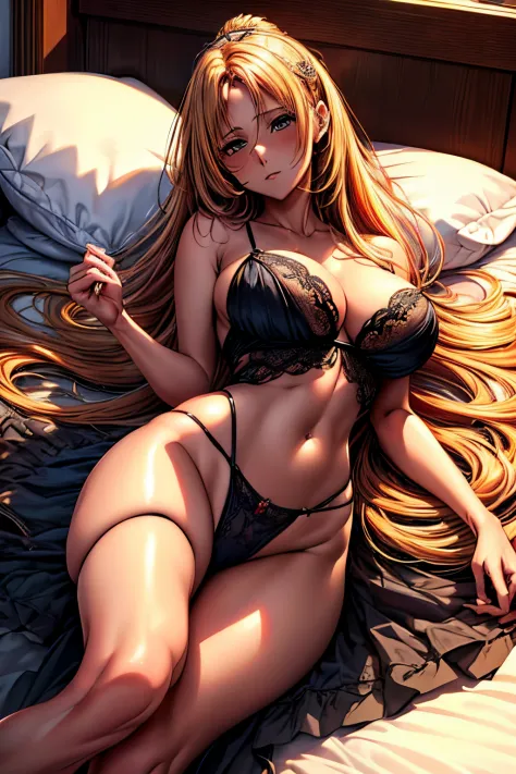 (Best quality at best,8K,A high resolution,tmasterpiece:1.2),Digital artwork,A woman in her thirties，With beautiful flowing golden hair, With a gentle expression,hair clip on head，Details from head to toe, pure black lingerie，cleavage，lying on the bed