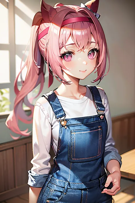 masuter piece, Best Quality, 超A high resolution, top-quality, Anime style, The best lighting, Beautiful face, Pink hair, Energetic girl, Looking at Viewer, Portrait, pink horse tail, Smiling cheerfully, (background at room:1.2), The best lighting, The best...