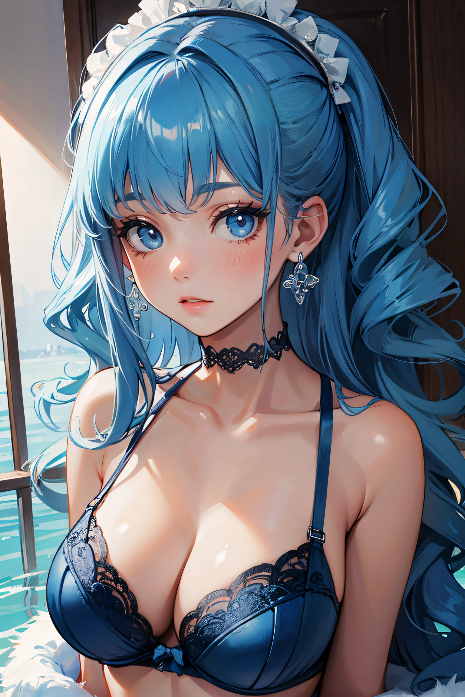 A close up of a woman in a bikini top and a blue hair SeaArt AI