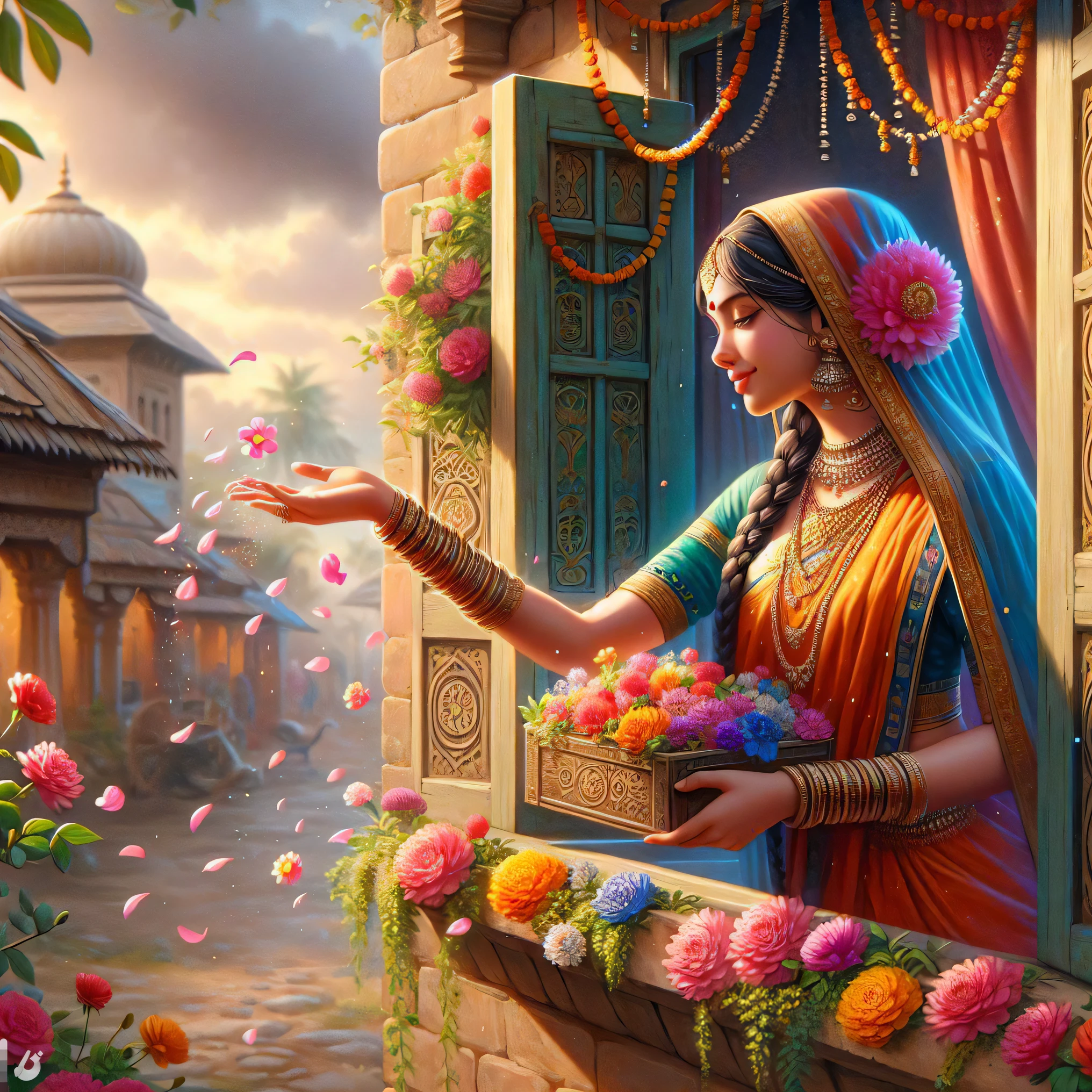 uma mulher com um sari colorido segurando flores e olhando pela janela, bela arte uhd 4k, Arte digital altamente detalhada em 4k, linda arte digital, arte indiana, pintura detalhada 4k, Arte detalhada de alta qualidade 8k, pintura de lindo, beleza tradicional, foto hd colorida, uma bela ilustração de arte, linda pintura digital, Arte digital detalhada em 4K