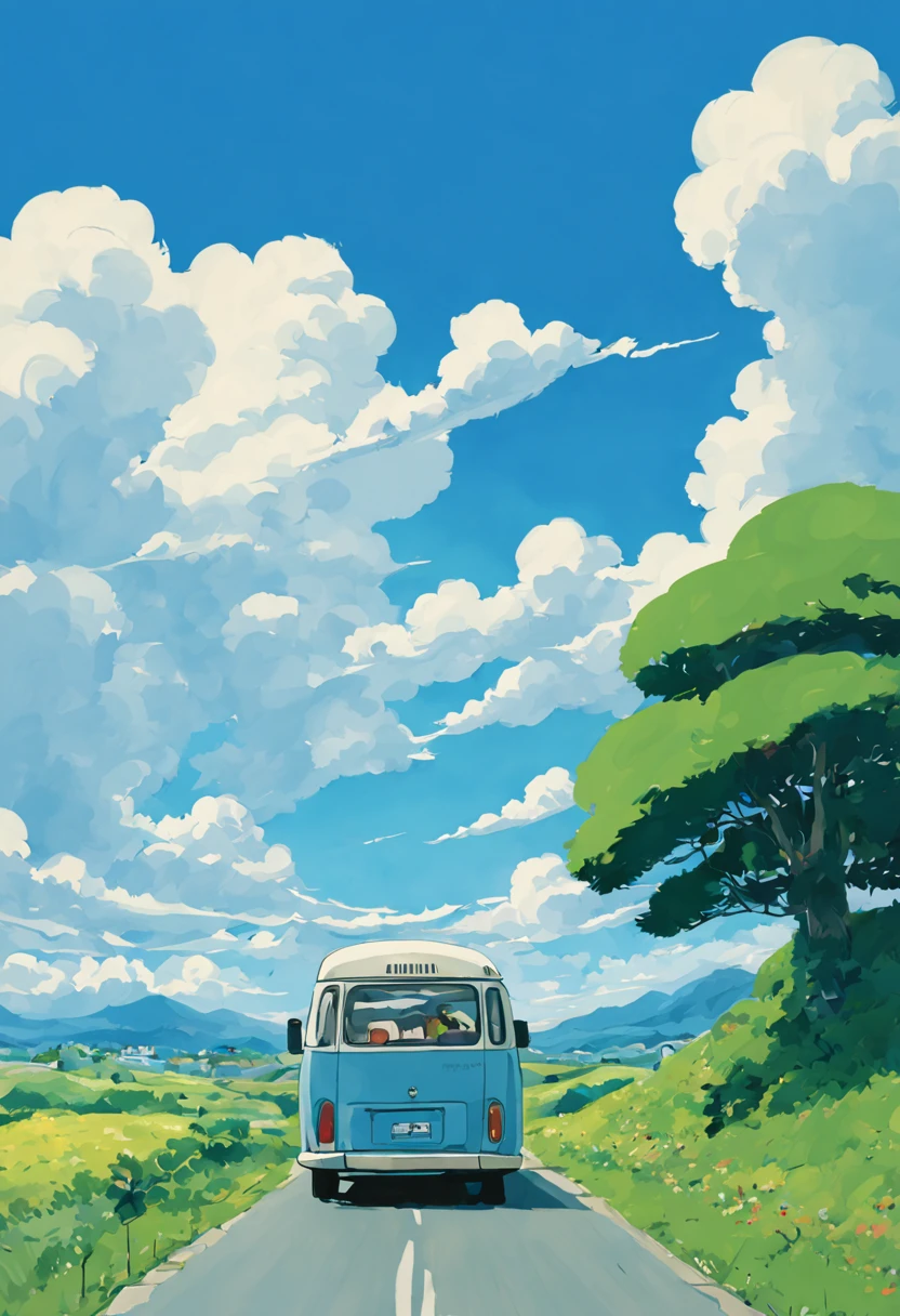 (minimalism:1.4), a Minibus on the road, Studio Ghibli art, Miyazaki, pasture with blue sky and white clouds
