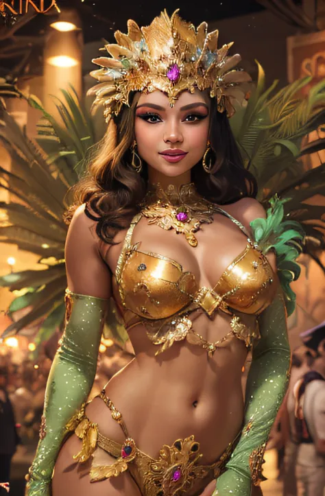A woman who          ，Wearing feather samba costume，High quality face shape，Rio carnival style，normal facial details，Normal fingers，The costumes are rich in detail，high high quality