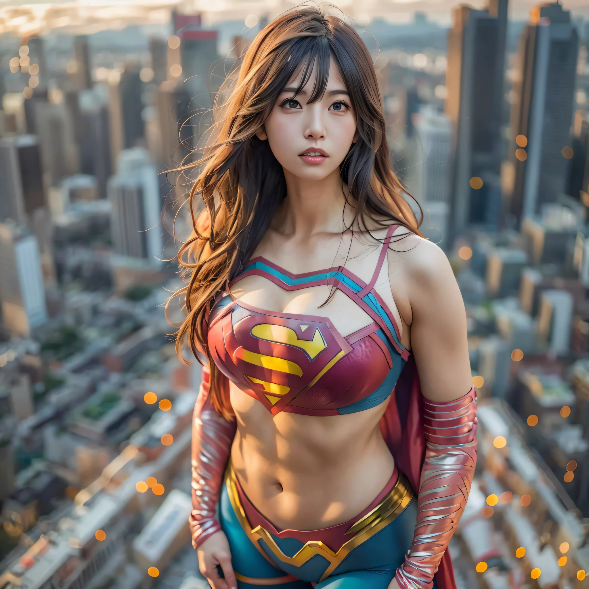 一位身著超人服裝的亞洲女性站在城市景觀上的特寫, amouranth作為超級反派, super photo 實際的, 實際的 , super photo-實際的, ultra mega super hyper 實際的, 超級英雄女孩, super 實際的 photo, 超级英雄 body, 高度详细的女巨人镜头, 超女, 超级英雄, 超级英雄 portrait, 超模特兒, 超級英雄, super photo實際的, 巨乳, 顯示外陰肌肉發達的身體, ,