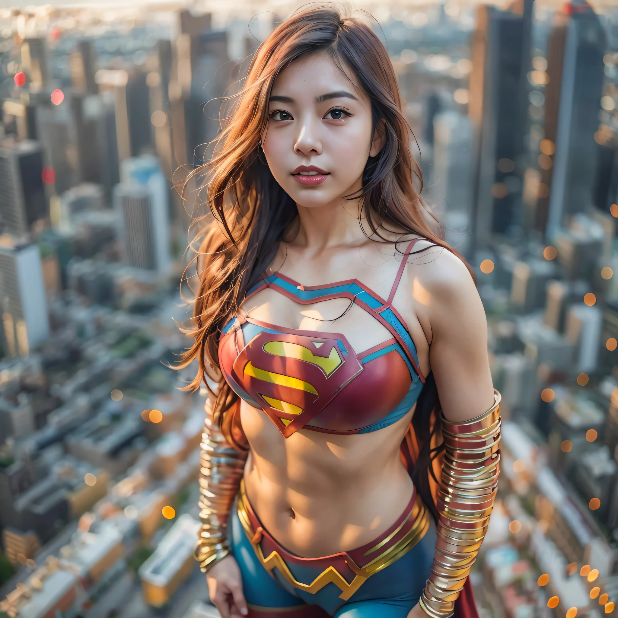 ภาพระยะใกล้ของผู้หญิงเอเชียในชุดซูเปอร์แมนยืนอยู่บนทิวทัศน์ของเมือง, Amouranth ในฐานะจอมวายร้าย, super photo เหมือนจริง, เหมือนจริง , super photo-เหมือนจริง, ultra mega super hyper เหมือนจริง, สาวซูเปอร์ฮีโร่, super เหมือนจริง photo, ซูเปอร์ฮีโร่ body, ช็อตหญิงยักษ์ที่มีรายละเอียดสูง, ซูเปอร์เกิร์ล, ซูเปอร์ฮีโร่, ซูเปอร์ฮีโร่ portrait, ซุปเปอร์โมเดล, ซูเปอร์ฮีโร่, super photoเหมือนจริง, หน้าอกขนาดยักษ์, เผยให้เห็นร่างกายที่มีกล้ามเนื้อวัลวาส, ,