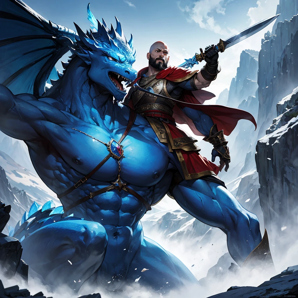 Kratos in den Bergen, Kratos trägt ein großes Schwert in der Hand, Kratos trägt eine Rüstung, Ein großer blauer Drache steht Kratos gegenüber, realistisch, Hochauflösendes Glas,