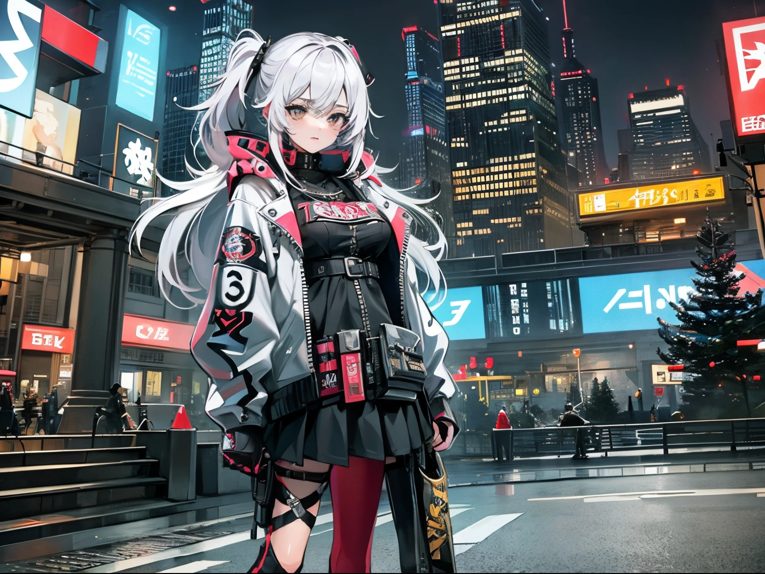 cyberpunked、girl with２a person、mechanic、comical、Anime style、white  hair、motor bikes、leather jackets、punk coloring、sity、nightcity、Street、doodle、parka、Mature、Tall Woman、Military、long boots、natta、Twosome、teammate