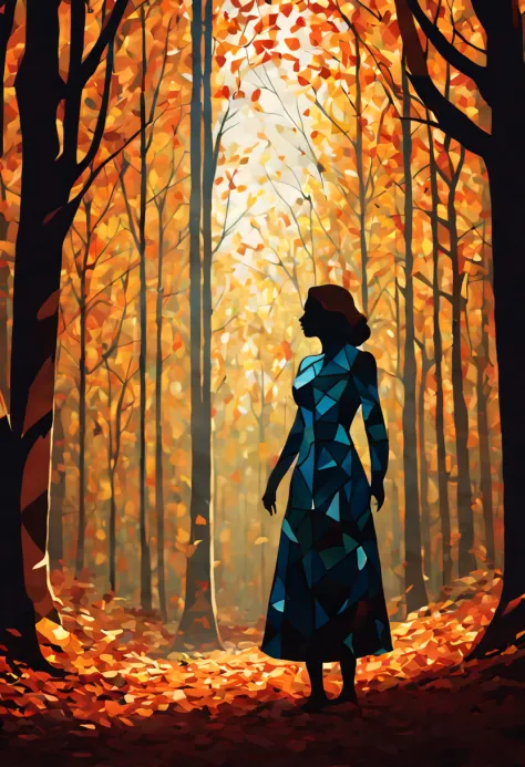 (minimalism:1.4), a woman made of stained glass standing in an autumn forest, shadow flat vector art, (best quality, masterpiece...
