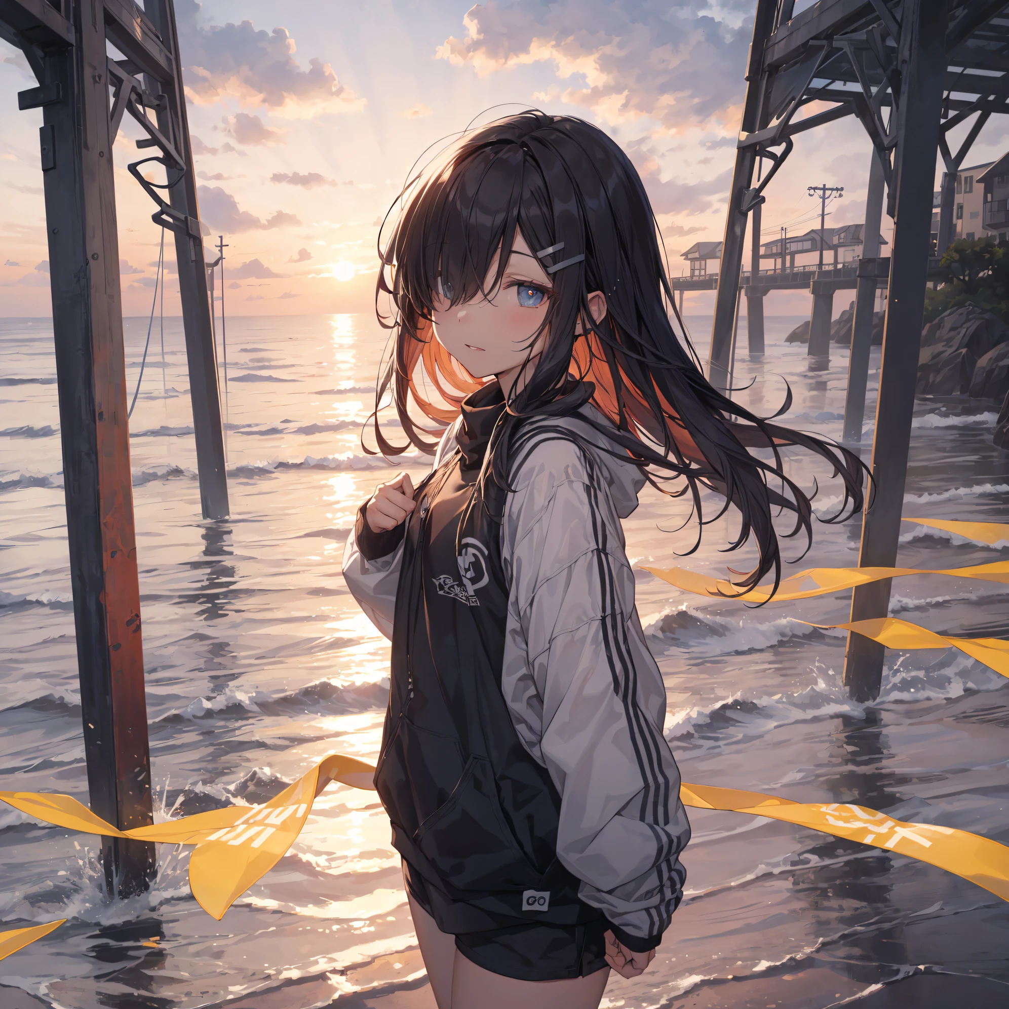 of the highest quality, anime moe art style,Best Anime 8K Konachan Wallpapers,Pixiv Contest Winner,Perfect Anatomy, BREAK,(Draw a picture of a girl in a swimsuit walking on the beach.),BREAK, 1girl is a beautiful girl with poor luck.,(Solo,,,14years:1.3),a junior high school student,Full limbs, complete fingers,  short silver hair, Forehead, (Hair over one eye:1.4),Small breasts, Small butt, Beautiful detailed eyes, well-proportioned student,groin, Wet, Shiny skin, Cowboy Shot, hair clips, Swimsuit, Parted lips,wavy mouth smile,in beach.BREAK,Ultra-detailed,High resolution,super detailed skin, 
Best lighting by professional AI,Illustration,