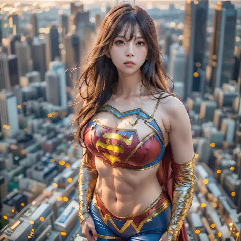 a close up of a asia woman in a superman costume standing on a cityscape, amouranth as a super villain, super photo realistic, r...