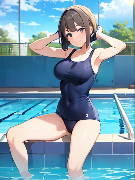 17 age, girl with,School Swimwear,slightly larger udder,Hairstyle is a bob cut, The background is the school pool,A smile,full body Esbian