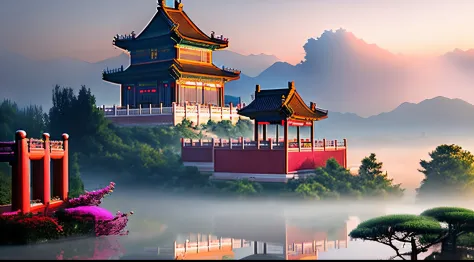 in full bloom，clouds，auspicious clouds，sunrise in the mist，chinese architecture，lake surface，dwarf pine，flying birds，large comme...