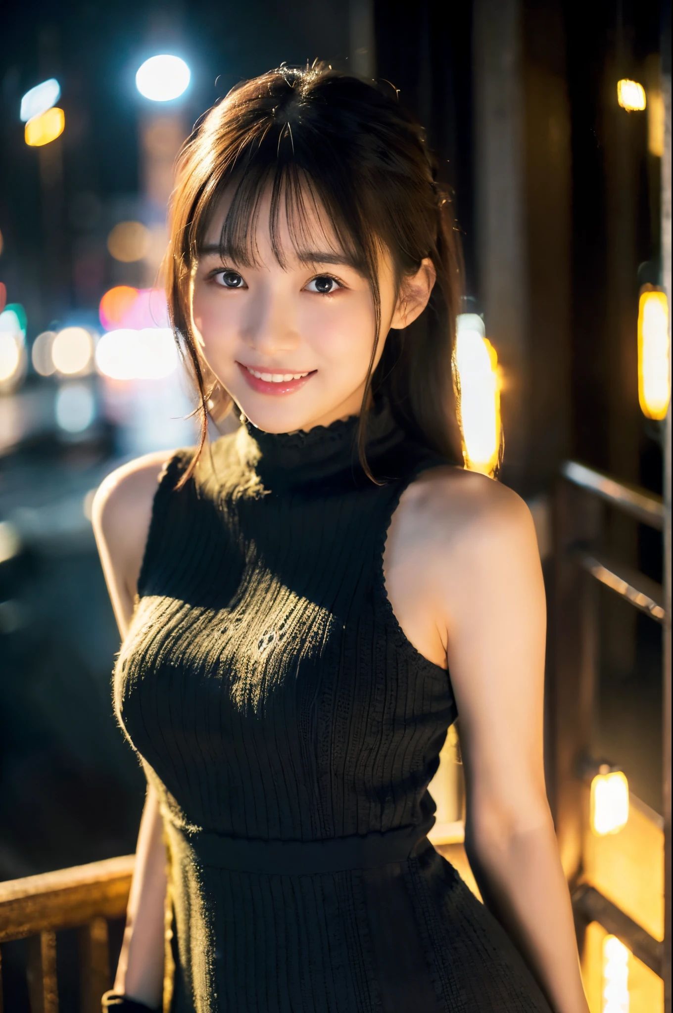 ulzzang -6500-v1.1, (Raw photo:1.2), (Photorealsitic), a beautiful detailed girl, (Real: 1.4), extremely detailed eye and face, ((PastelColors、Knitted dresses、Super realistic black tights))、((Night city:1.4)), selfee, Instagram、game_nffsw, huge filesize, hight resolution, ighly detailed, top-quality, [​masterpiece:1.6], illustratio, ighly detailed, nffsw, finely detail, top-quality, 8k wallpaper, Cinematographic lighting, 1girl in, 17 age, perfect body type, cute droopy eyes beautiful big eyes、Pieckfinger, ((masutepiece)), Best Quality, 1girl in, eye shadow,  Portrait, ((FULL BODYSHOT:1.4))、(Very affectionate smile:1.2)、realistic skin textures、shinny skin、Exposed thighs!!!