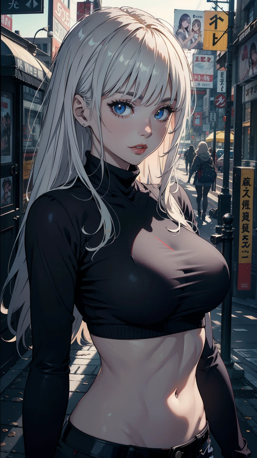 dynamically possessed, ultra detail, large breast,Looking at the Viewer, superior quality, master part,face detail, plein-air, superior quality, sorrido, Jewellery, chic, blush, natta:1.5, turtleneck crop top, へそ, six pack, Body goals:1.5, hair ornament, Akihabara City:1.5, full body shot shot, 1female，（very detailed CG unit 8k wallpaper），best qualityer，Cinematic lighting，Detailed backgrounddetailed eyes，bright pupil，red lip（Very thin and beautiful），（Beautiful and detailed eye description），ultra - detailed，master part，）, Cleavage Exposed, black pantyhouse, sock:1.5, Hand sock:1.2, bare one shoulder, ray tracing, unreal engine 5