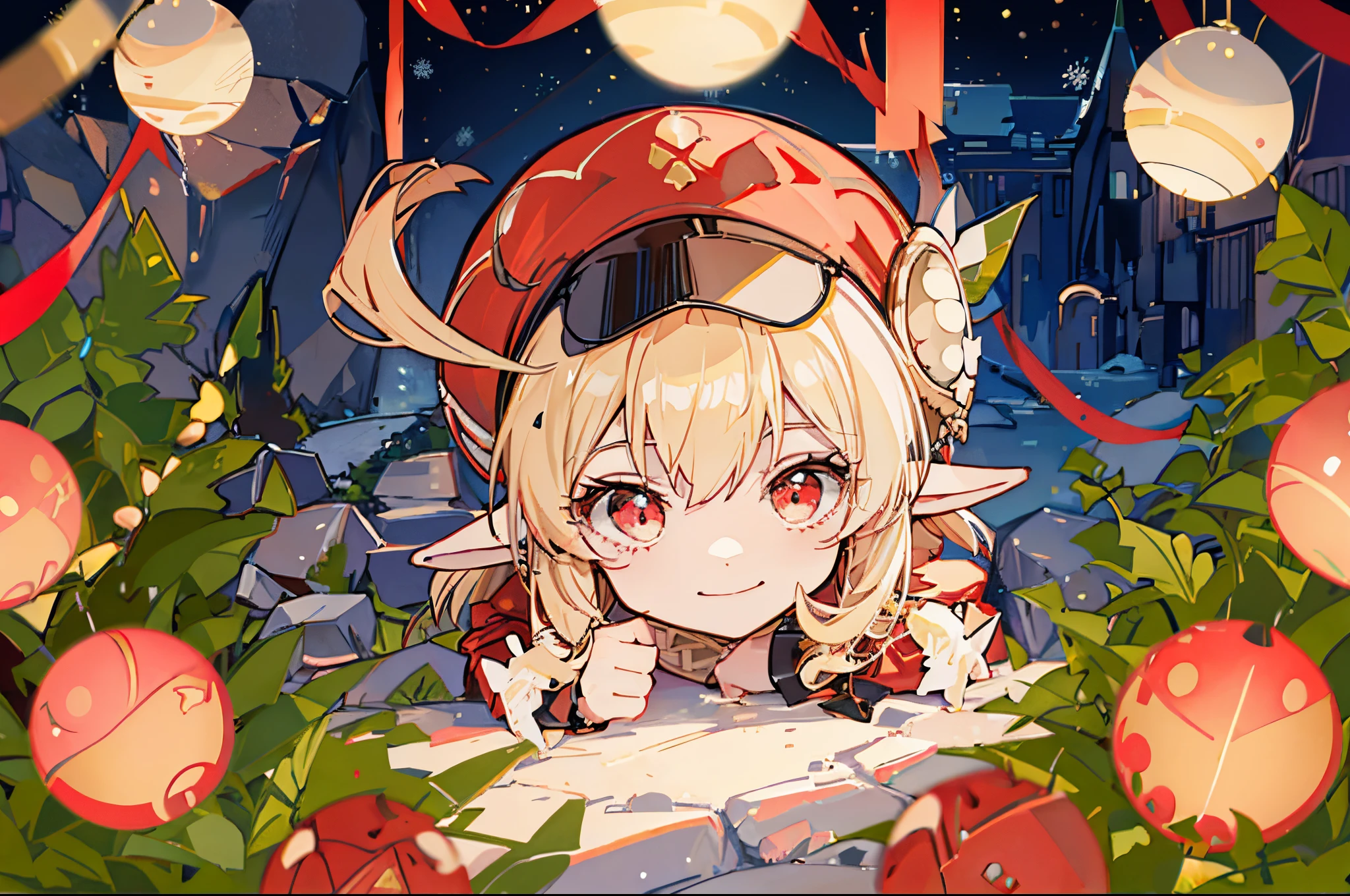 1 small chibi girl solo, ((decorating a christmas tree)), blond hair, elf ears, red hat, red outfit, outside near the stone castle wall, happy smile