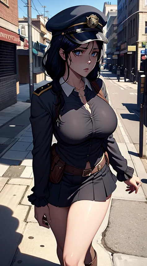 Long black hair, police dress, massive sized boobs, thigh legs, police cap on her head,short police skirt, standing,blue colour ...