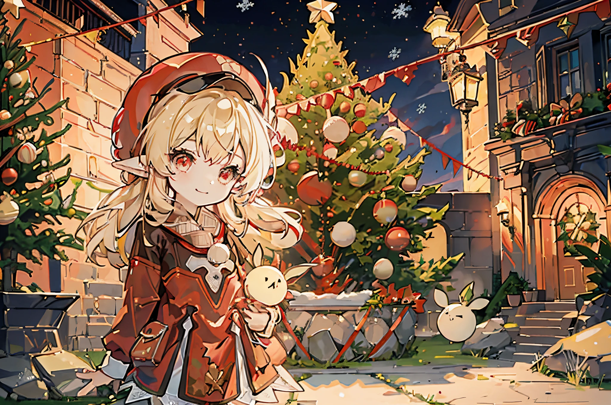 1 pequena garota chibi sozinha, ((decorating a árvore de Natal)), cabelo loiro, olhos vermelhos, orelhas de elfo, chapéu vermelho, roupa vermelha, do lado de fora, perto da muralha do castelo de pedra, Sorriso feliz, (((árvore de Natal)))