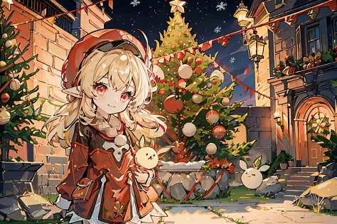 1 small chibi girl solo, ((decorating a christmas tree)), blond hair, red eyes, elf ears, red hat, red outfit, outside near the ...