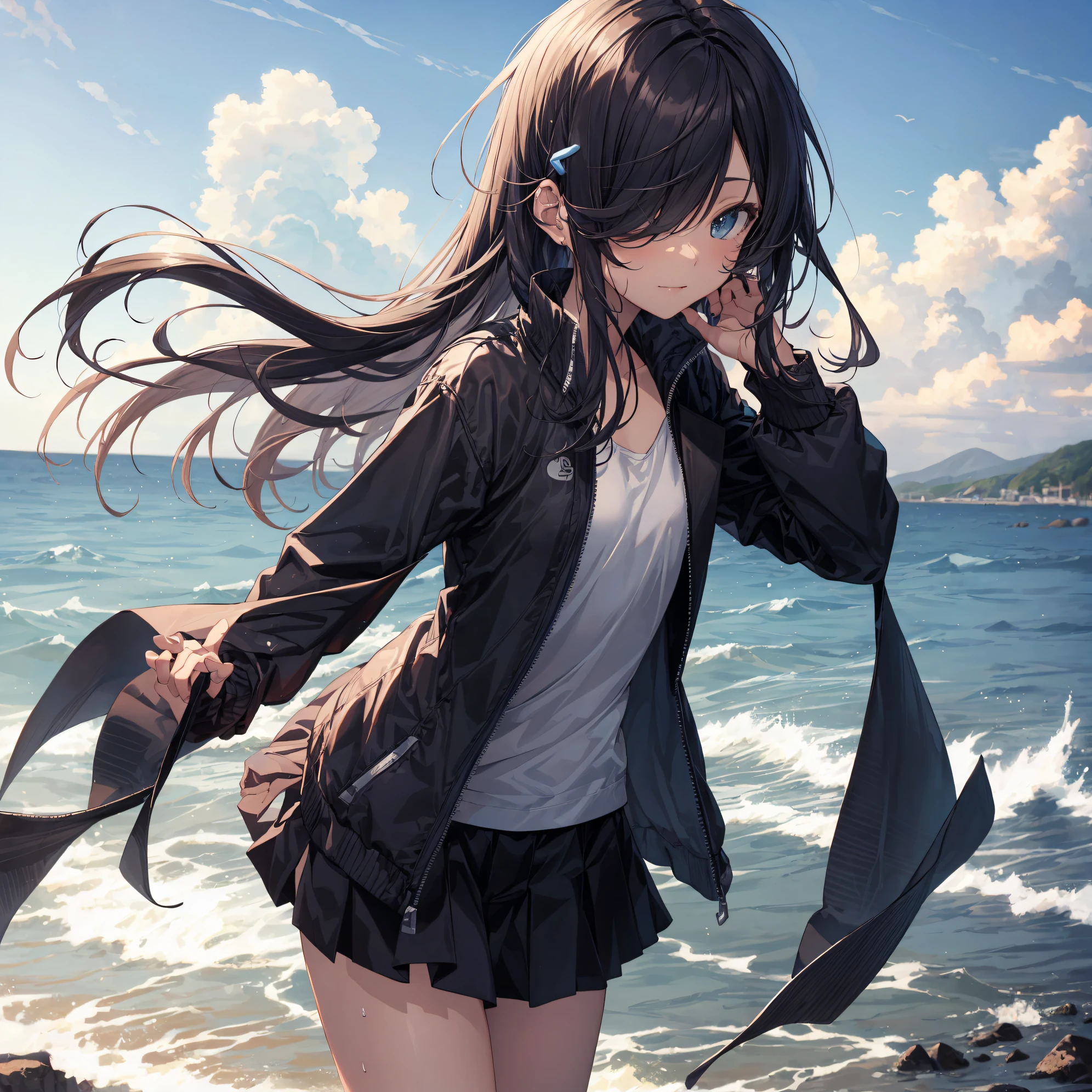 of the highest quality, anime moe art style,Best Anime 8K Konachan Wallpapers,Pixiv Contest Winner,Perfect Anatomy, BREAK,(Draw a picture of a girl in a swimsuit walking on the beach.),BREAK, 1girl is a beautiful girl with poor luck.,(Solo,Lori,child,14years:1.3),a junior high school student,Full limbs, complete fingers,  short silver hair, Forehead, (Hair over one eye:1.4),Small breasts, Small butt, Beautiful detailed eyes, Well-proportioned iris and pupils,groin, Wet, Shiny skin, Cowboy Shot, hair clips, Swimsuit, Parted lips,wavy mouth smile,in beach.BREAK,Ultra-detailed,High resolution,super detailed skin, 
Best lighting by professional AI,Illustration,