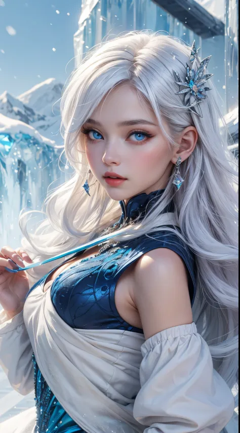 White Silk Girl, (White Hair), ((big hair)), double eyelid, perfect figure, beautiful face, perfect skin, (blue eyes:1.2), Snow-Princess, Ice Age, Ice Palace, (Clothing made from Ice:1.3)