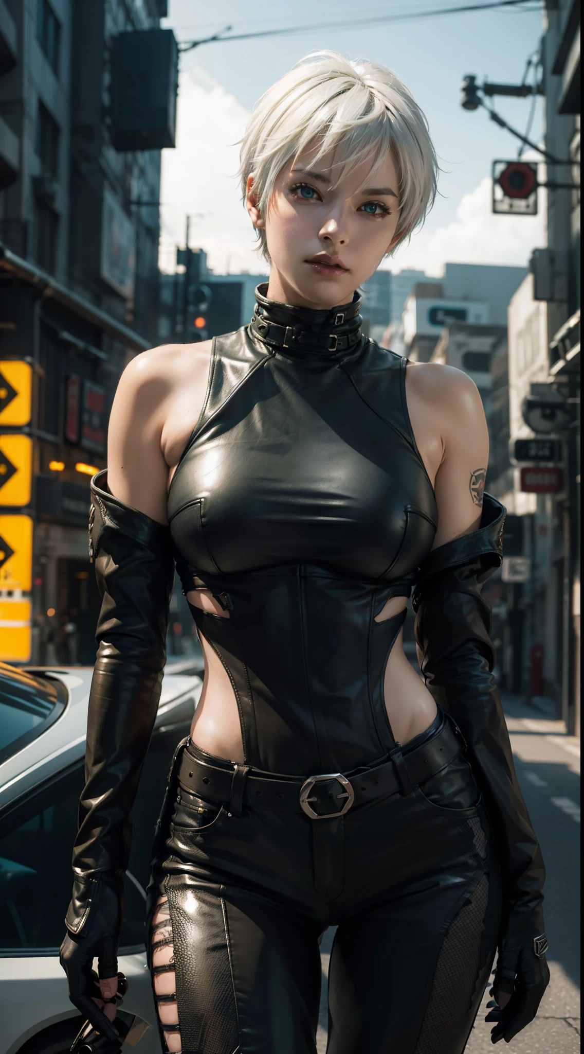 a handsome female, 21 old years, Sexy leather clothing, Cyberpunk style, Detailed, realisti, Bad, Punk Rock, rebel, Sexy, full-body-shot, gloves, Yellow eyes, looking a viewer, (large breasts:1.4), (short white hair), ((sexypose, sexy clothes)), (skin texture:1.1), (highly detail face:1.1), High detail of the body, highly detailed clothes, (Masterpiece), (Realistic), extra high resolution, 8K, extra high resolution, Film grain, Cinematic lighting, rim lighting, photo by Arnie Freytag