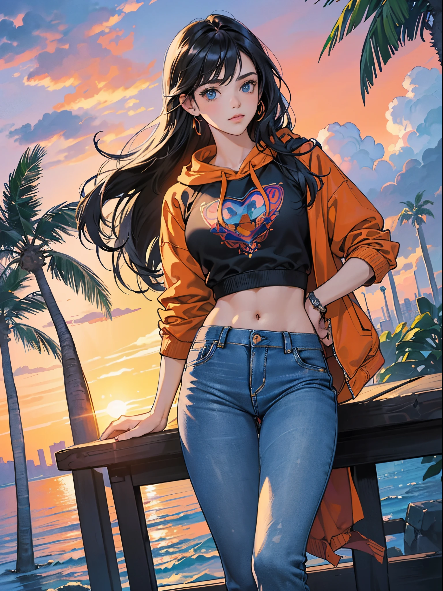 orange and royal blue tones、Vibrant colors、((​masterpiece)))、(((top-quality)))、((ultra-detailliert))、(A hyper-realistic)、(highly detailed CGillustration）、Official art、CD cover、urbane、City Pop、Palm trees、Sunset beach、Long Black Hair、It will be、Cool feeling、Mid summer、Stylish、glorious 1980s、Cool Beauty、cochetti gorgeous、matchless beauty、Stylish hoodies、Tight jeans、Female Solo、Perfect Angle、perfect-composition