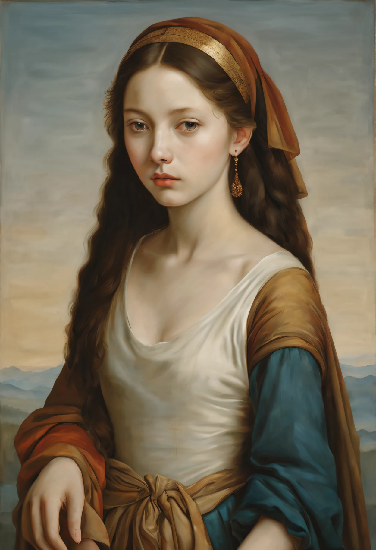 (Best quality,actual:1.37),Renaissance Minimalist Oil Painting,beuaty girl,詳細な目,Subtle color palette,Meticulous,Wonderful atmosphere,Glowing light,Soft light and shadow,vivid emotional descriptions,Timeless elegance,Meticulous attention to detail,Delicate and exquisite texture,Harmonious composition,Understated beauty,Classic art,serene environment,A unique perspective.