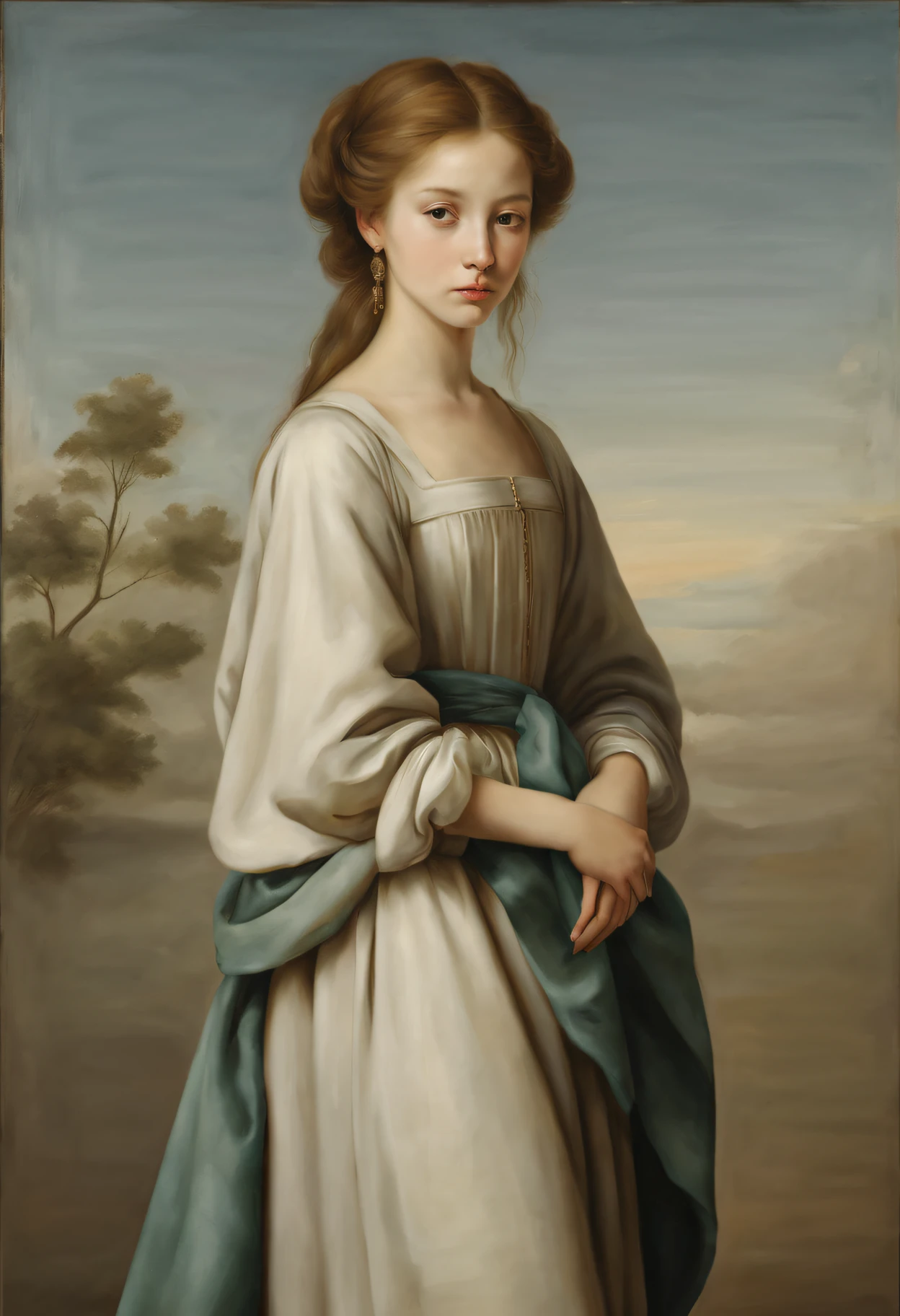 (Best quality,actual:1.37),Renaissance Minimalist Oil Painting,beuaty girl,詳細な目,Subtle color palette,Meticulous,Wonderful atmosphere,Glowing light,Soft light and shadow,vivid emotional descriptions,Timeless elegance,Meticulous attention to detail,Delicate and exquisite texture,Harmonious composition,Understated beauty,Classic art,serene environment,A unique perspective.