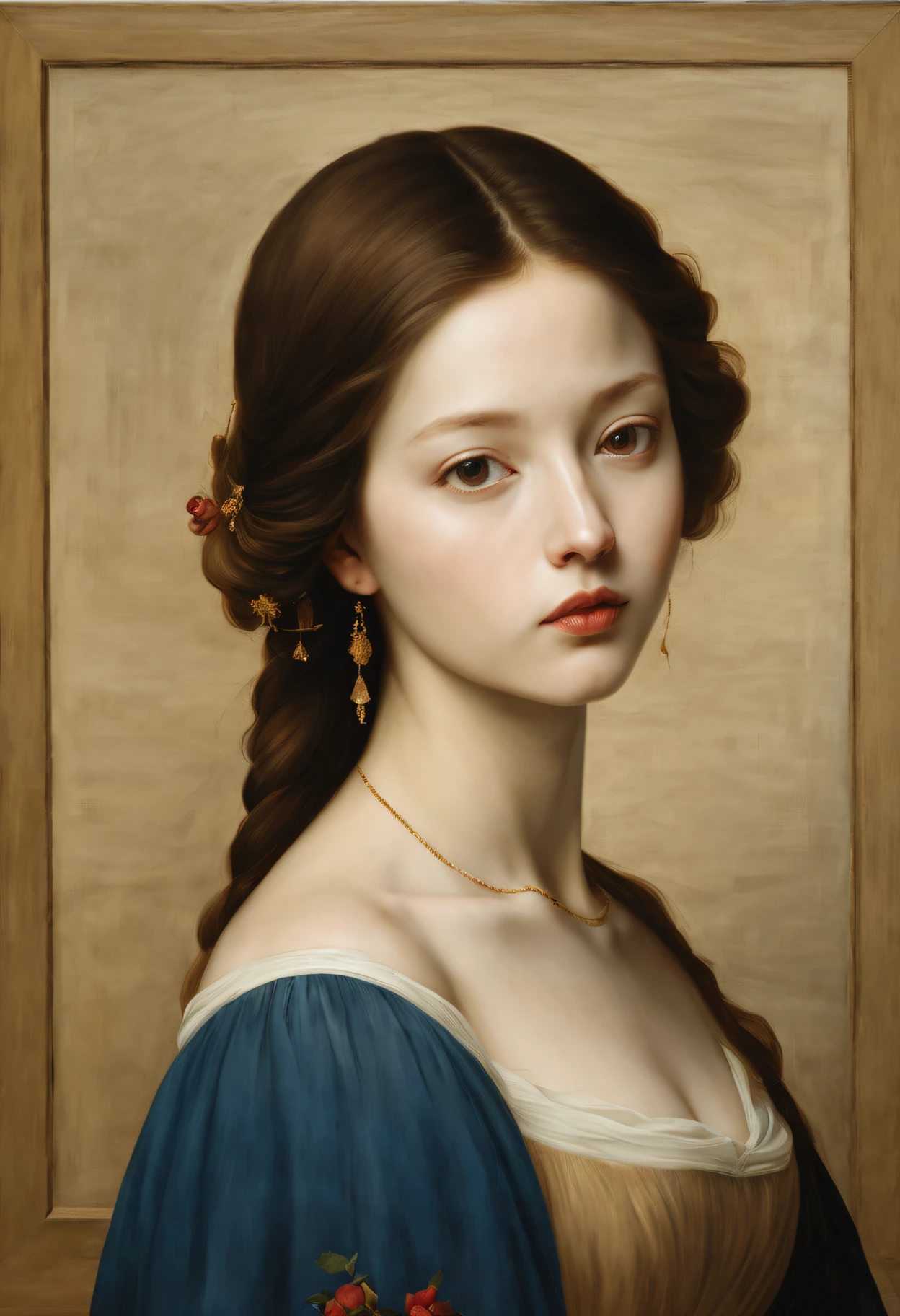 (Best quality,actual:1.37),Renaissance Minimalist Oil Painting,beuaty girl,詳細な目,Subtle color palette,Meticulous,Wonderful atmosphere,Glowing light,Soft light and shadow,vivid emotional descriptions,Timeless elegance,Meticulous attention to detail,Delicate and exquisite texture,Harmonious composition,Understated beauty,Classic art,serene environment,A unique perspective.